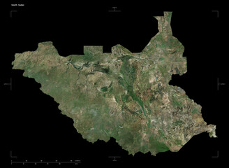 South Sudan shape isolated on black. High-res satellite map © zelwanka