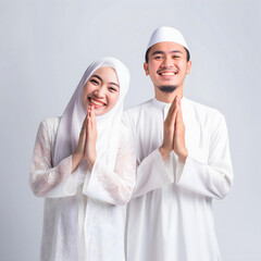 Heartwarming portrayal of a young Asian Muslim couple in traditional attire, including hijab, exchanging joyful Eid Mubarak gestures in a studio setting with a neutral color palette, creating a warm a
