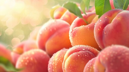 Fresh peach fruits on blurred backdrop. Healthy food background with free place for text
