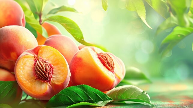 Fresh peach fruits on blurred backdrop. Healthy food background with free place for text