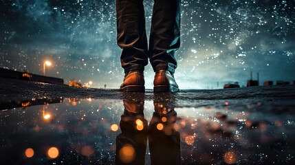 closeup shot of person standing in puddle after rain, reflection of night with stars and sky light, romantic abstract concept