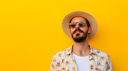 Close up of man wearing summer t-shirt, hat and sunglasses isolated on yellow background, summertime, half body. front view. copy space, mockup. 