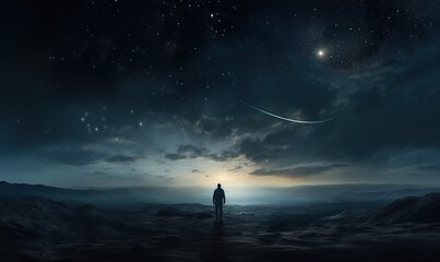 Fototapeta premium person standing in mountains at night sky background with stars, freedom and exploration concept