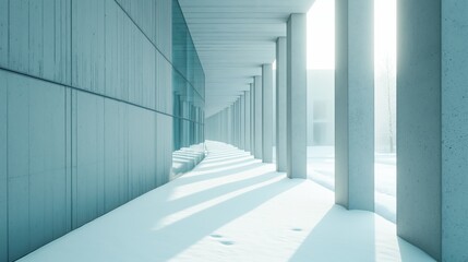 Winter's Touch on Modern Minimalism: A Serene Corridor Flanked by Pillars, Bathed in Soft Light and Snow, Capturing the Quiet Beauty of Architectural Simplicity
