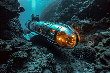 Cutting-edge sonar for mapping systems pierce the ocean's depths. Submersibles, remotely operated vehicles, ROVs, rovers, diving/scuba vehicle - obrazy, fototapety, plakaty