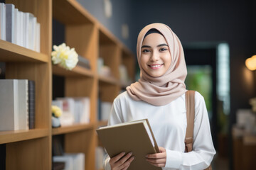A young Muslim woman with her head covered stands in the library among books. Islamic education concept for women