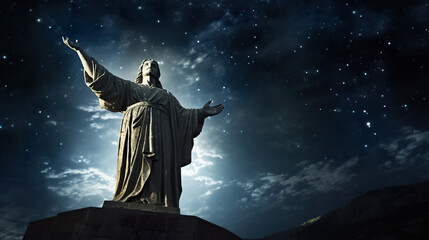 Jesus Christ statue on sunset sky background, christianity symbol - obrazy, fototapety, plakaty