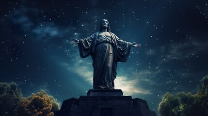 Jesus Christ statue on sunset sky background, christianity symbol