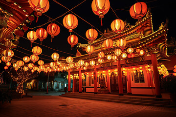 Traditional red lanterns and chinese temple on the night. Chinese New Year celebration. Cultural architecture and festivities.
