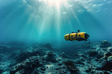 Cutting-edge sonar for mapping systems pierce the ocean's depths. Submersibles, remotely operated vehicles, ROVs, rovers, diving/scuba vehicle - obrazy, fototapety, plakaty