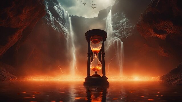 burning fire in the night highly intricately photograph of Horror scene of a scary devil demon  hourglass, surrounded by waterfall and lava fires 