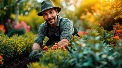 A joyful gardener with a hat tends to vibrant flowers in a lush garden, surrounded by a play of sunlight and shadows.