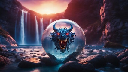 landscape with scene highly intricately photograph of T shirt design with dragon demon monster head inside a glass orb near waterfall  - obrazy, fototapety, plakaty