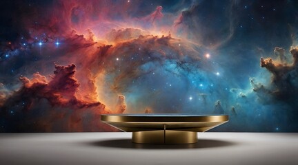Obraz premium Digitally generated image of pedestal podium with nebula background.