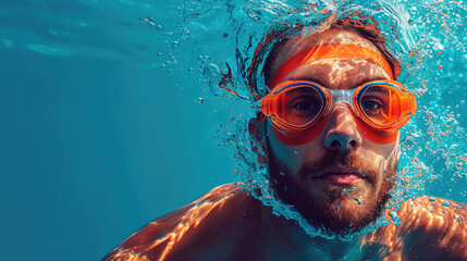 Naklejka premium A man with a beard and orange goggles emerges from crystal blue water, creating a splash around him.