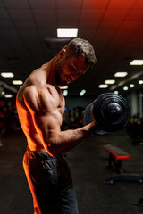 Fototapeta na wymiar Training muscular shirtless man. Bodybuilding young man in gym.