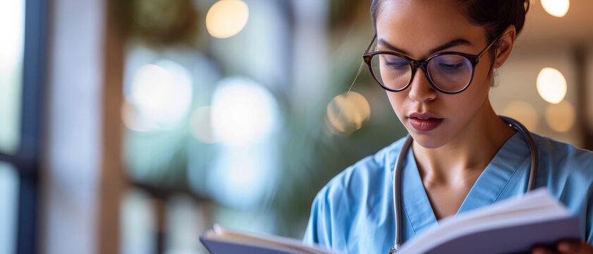 A studious medical professional deeply engaged in reading a textbook.