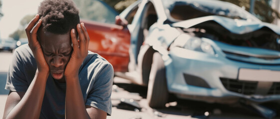 Fototapeta na wymiar A distraught man holds his head in despair after a car accident