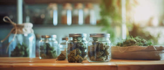 Cannabis buds in jars on display, indicating a shift towards natural remedies - obrazy, fototapety, plakaty
