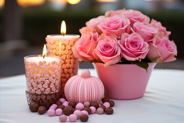 Valentines Day Roses, Candles, and Assorted Chocolates on Light Table with Bokeh Effect