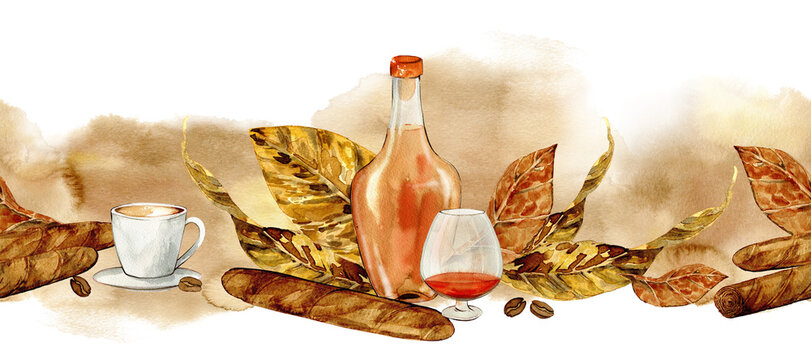 cigars and alcohol with tobacco leaves, coffee beans, roulette, casino drawn in watercolor, seamless border