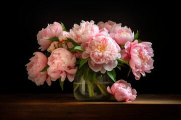 A lush bouquet of pink peonies in a jar, black background,
