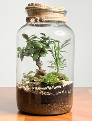 Decoration bonsai in a glass bottle. Garden terrarium bottle. Bonsai Forest in a jar. Terrarium jar...
