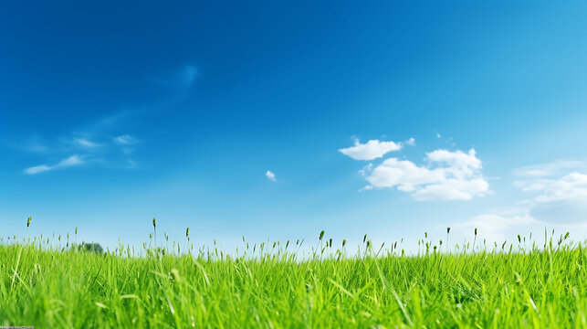 Springtime Tranquility, Green grass on blue clear sky, spring nature panorama with large copy space, Stunning Blue Sky & Green Grass Image for Desktop Wallpaper.