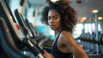 Fototapeta premium A woman works out on a treadmill in the gym.