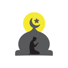 Muslim man praying with mosque and moon background vector illustration. Ramadhan Kareem concept