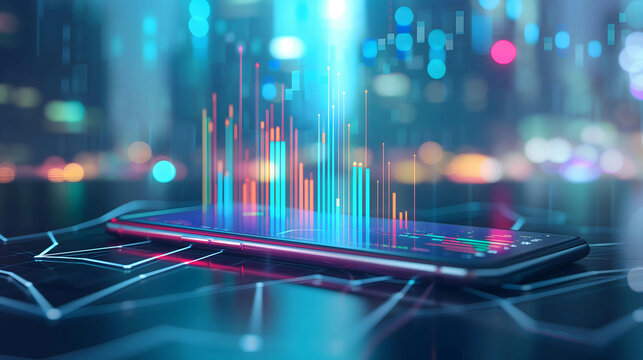 working in mobilephone or smartphone, show data and histogram financial or business or investment growth concept
