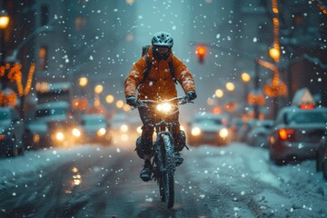 A lone figure braves the wintry night, pedaling through the snowy streets on their trusty bicycle, the only vehicle daring enough to brave the icy roads