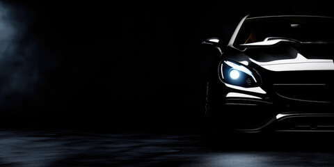 A sleek car is revealed through the shadows, its headlights piercing the darkness with a modern and mysterious allure.