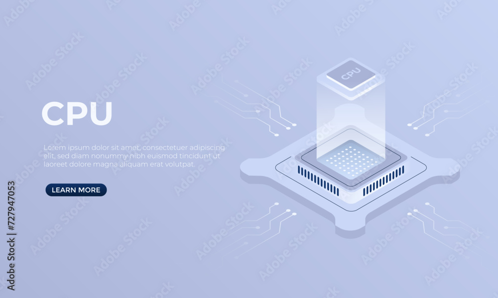 Poster cpu chip isometric vector illustration. the concept of computer chip technology. good for websites, 
