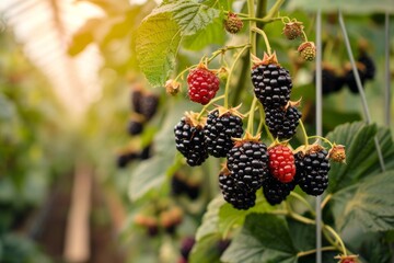 Growing blackberry harvest and producing vegetables cultivation. Concept of small eco green business organic farming gardening and healthy food