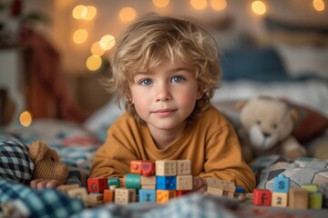 A young boy's curious gaze is fixated on his colorful block tower, surrounded by soft blankets and scattered baby toys in the cozy indoor setting of his bedroom