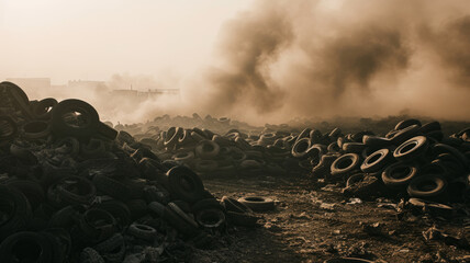 Thick smoke at a landfill for recycling rubber tires.
