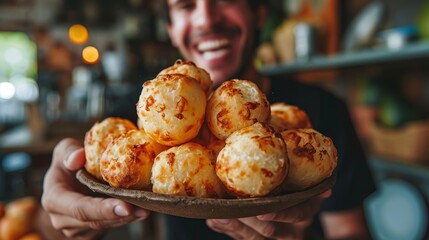Young man holding a plate with brazilian cheese bread - pao de queijo on hands - Powered by Adobe