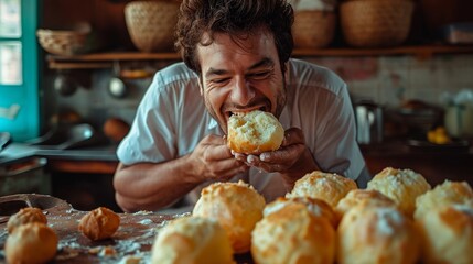 Young man biting brazilian cheese bread - pao de queijo - obrazy, fototapety, plakaty