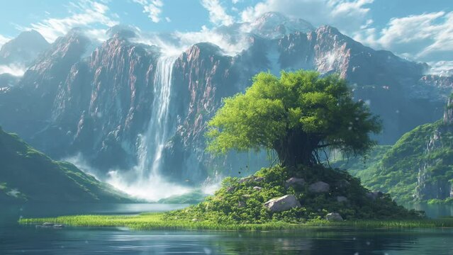 Panorama of the most beautiful fantasy waterfall with the enviroment in the magical nature forest animation looping video background