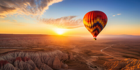 Hot air balloons float over a stunning landscape at sunrise, with vivid colors painting the sky.