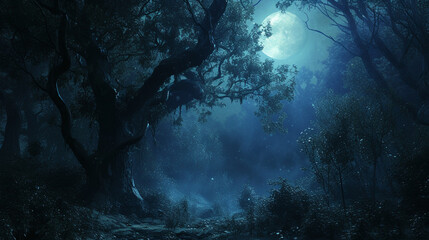 Ethereal scene in a dark forest, where a gentle luminous monster emits a soft glow, creating an enchanting and magical ambiance under the moonlight - obrazy, fototapety, plakaty