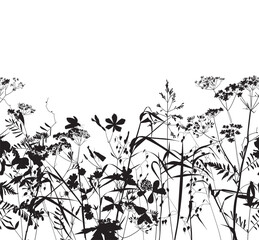 Seamless pattern. Field flowers and grasses, line drawing. Vector illustration	