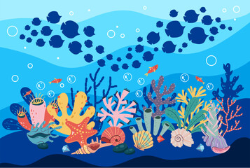 Fototapeta na wymiar Exotic coral reef seamless cover banner underwater nature life concept. Vector flat graphic design element concept 