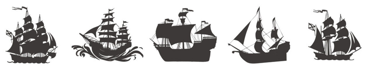 Vector ships set with separate editable elements. Pirate ships vector design.
