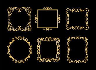 Golden decor frame border antique old style isolated set. Vector flat graphic design illustration