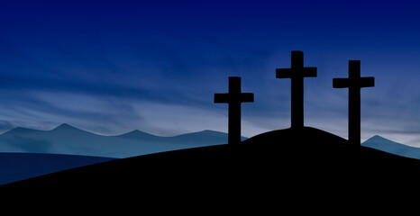 Easter illustration with three crosses on hill and blue sky at evening.