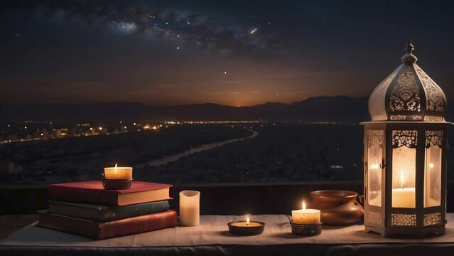 Ramadan Lantern at night. Arabic lamp, candles light flame burning. Loop animation. 