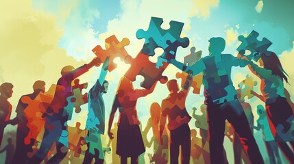 Illustration of a vibrant community raising large puzzle pieces against a sunny sky, representing unity and collaborative success. - obrazy, fototapety, plakaty