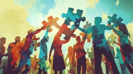 Fotobehang Illustration of a vibrant community raising large puzzle pieces against a sunny sky, representing unity and collaborative success. © Rattanathip